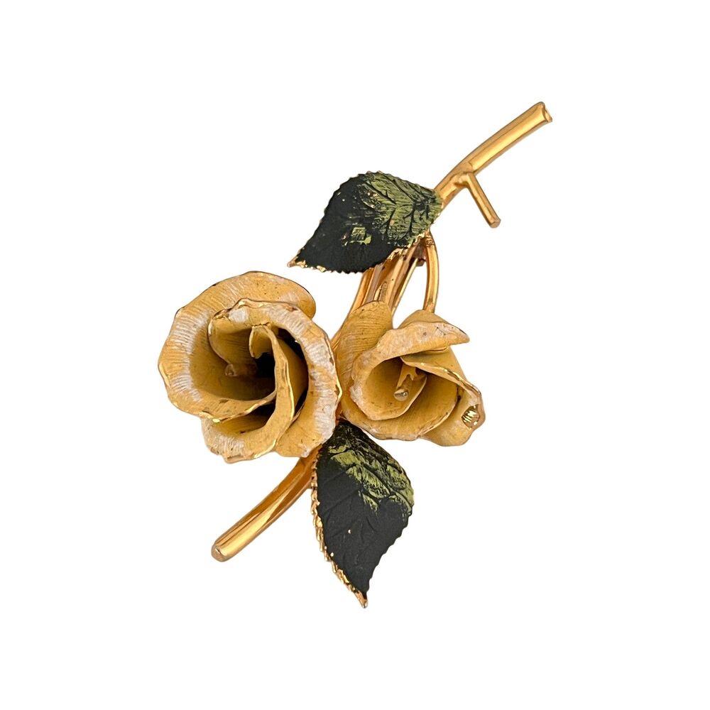 Vintage 1960s Rose Brooch Yellow Enamel Gold Tone Floral Mid Century - 1K